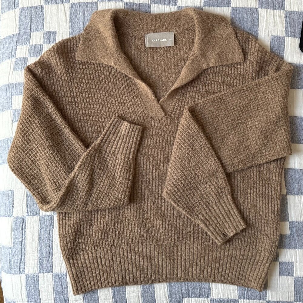 Everlane Alpaca Waffle-Stitch Polo Sweater, Dark Wheat, Size Small